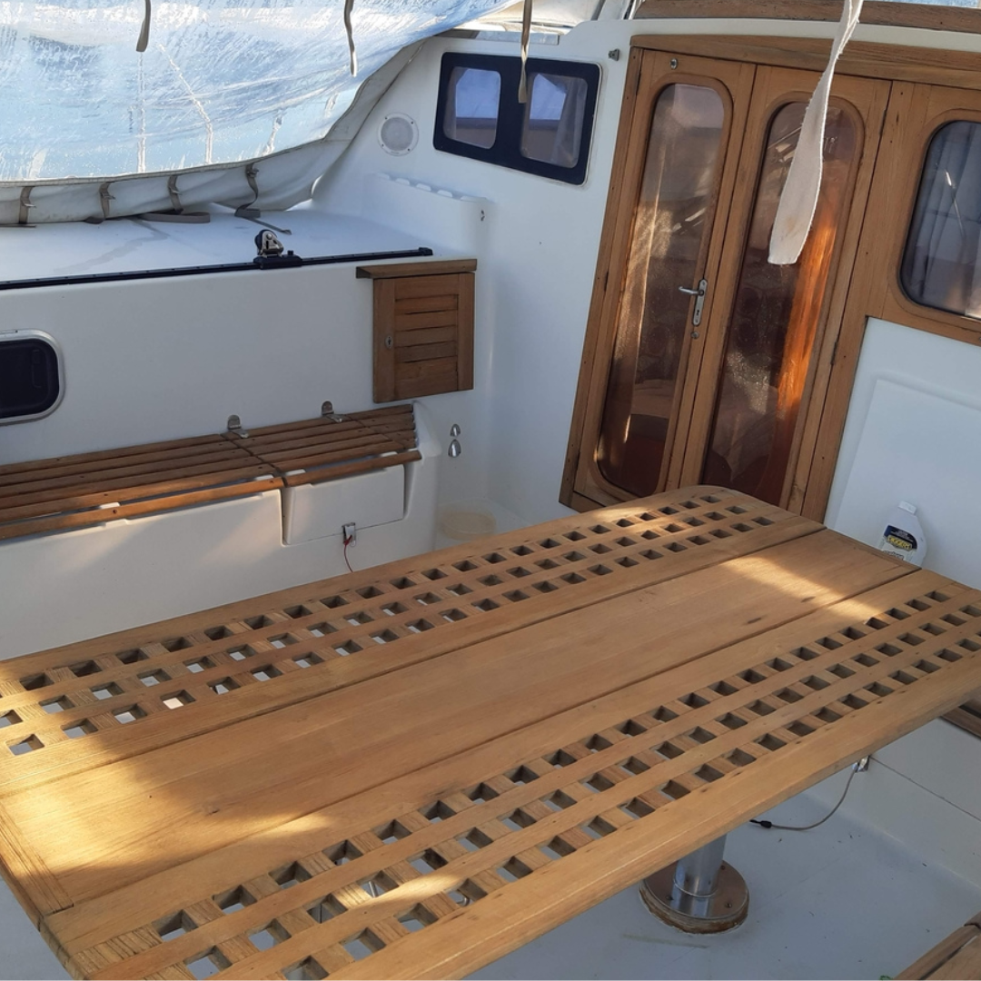 Boat's aft table with Semco Teak Sealer Natural applied.